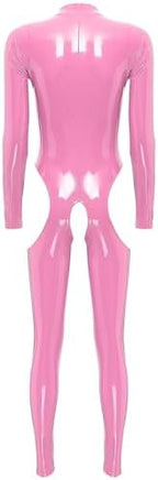 YiZYiF Women Sexy Hollow Out Latex Catsuit PVC Exotic Costume Lingerie Full Bodysuit Leotard Clubwear