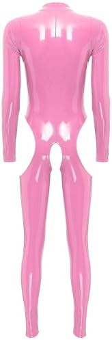 YiZYiF Women Sexy Hollow Out Latex Catsuit PVC Exotic Costume Lingerie Full Bodysuit Leotard Clubwear