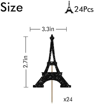 24PCS Eiffel Tower Cupcake Toppers, Wedding Party Decor, Bridal Shower Dessert Cupcake Toppers, Paris Themed Birthday Party Decoration - Black Glitter