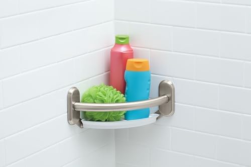 Moen LR2354DBN Bathroom Safety 9-Inch Curved Bathroom Grab Bar with Integrated Corner Shelf, Brushed Nickel