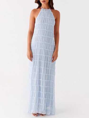 Women Y2k Backless Long Dress Halter Tie Neck Maxi Dress Flowy Beach Sundress Summer Streetwear