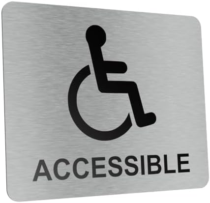 Wheelchair Accessible, Disability, Handicap, Disabled Sign. Silver Adhesive Sticker Notice. Metallic Silver Engraved Black with Universal Icon Symbol and Text (Small Size: 5 inches x 4 inches)