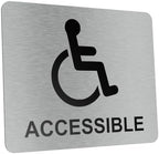 Wheelchair Accessible, Disability, Handicap, Disabled Sign. Silver Adhesive Sticker Notice. Metallic Silver Engraved Black with Universal Icon Symbol and Text (Small Size: 5 inches x 4 inches)