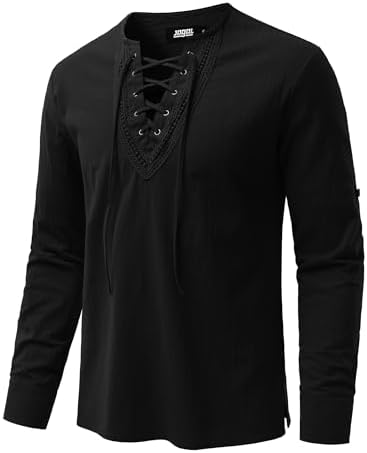 JOGAL Mens Renaissance Shirt Medieval Pirate Viking Halloween Costume Gothic Steampunk Retro Long Sleeve Lace Up Shirts