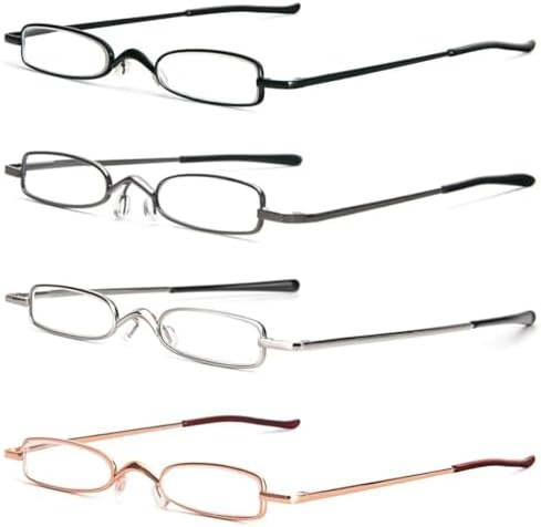 MMOWW Small Reading Glasses Men Women 4 Pairs Slim Pocket Readers with Pen Clip Metal Case Spring Hinge +2.0