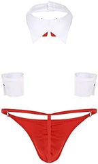 dPois Mens Sexy Waiter Cosplay Costume Teddy Lingerie Set Tuxedo Briefs Bowtie Collar and Cuff Outfits