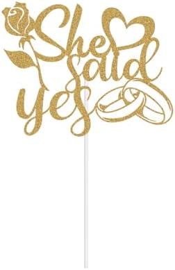 Glitter She Said Yes Cake Topper - Ring Rose Flower Mr & Mrs Anniversary Cake Topper, Funny Wedding Engagement Bachelorette Party Decorations Gold