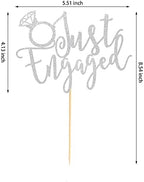 Just Engaged Cake Topper for Engagement Party Decorations, Engaged Ring Sign, Bridal Shower We're Engaged Cake Toppers - Silver Glitter