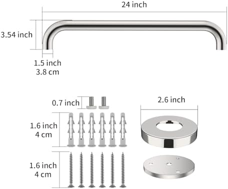 2 Pack 24 Inch Chrome Shower Grab Bar - 1.5" Diameter, ZUEXT Stainless Steel Bathroom Grab Bar Handle, Bathroom Balance Bar, Safety Hand Rail Support, Handicap Injury Elderly Senior Assist Bath Handle