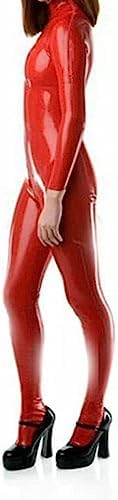 Handmade Neck Entry Double Shoulders Zipper Women's Full Body Latex Tight Jumpsuit Rubber Catsuit,Red,M