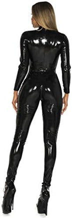 Panegy Women's Metallic Leotard Mesh Front Leather Bodysuit Jumpsuit with Chains