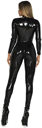 Panegy Women's Metallic Leotard Mesh Front Leather Bodysuit Jumpsuit with Chains