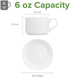Fine Bone China Stackable Cup and Saucer Set of 6, Pure White Color Glaze Easy to Clean, 6 oz Capacity for Espresso & Cappuccino, Thin and Lightweight Comfortable to Hold, Microwave & Dishwasher safe