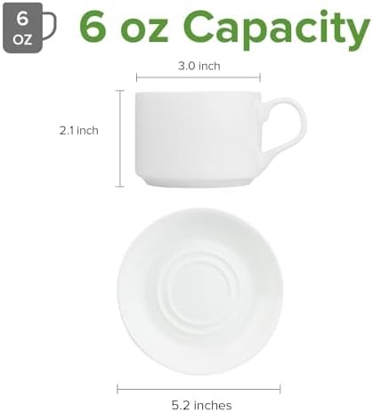 Fine Bone China Stackable Cup and Saucer Set of 6, Pure White Color Glaze Easy to Clean, 6 oz Capacity for Espresso & Cappuccino, Thin and Lightweight Comfortable to Hold, Microwave & Dishwasher safe