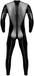 inlzdz Men's Wet Look PVC Leather Mesh Splice Full Bodysuit Catsuit Halloween Cosplay Zentai Costume