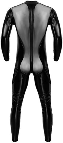 inlzdz Men's Wet Look PVC Leather Mesh Splice Full Bodysuit Catsuit Halloween Cosplay Zentai Costume