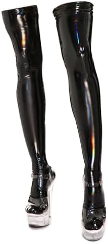 Black Leather Thigh High Stockings Shiny PU Elastic Shaping Leather Socks Over Knee
