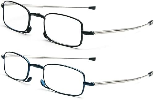 2 Pack Folding Reading Glasses for Men Women with Keychain Compact Bags Blue Light Blocking Portable Pocket Computer Readers,Black and Blue 2.5