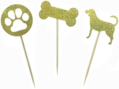 Morndew 24 PCS Gold Glitter Dog Palm and Bone Cupcake Toppers for Baby Shower Birthday Party Wedding Party Decorations