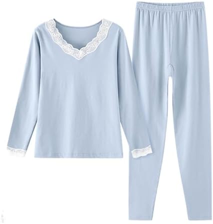 Womens Cotton Pajama Sets Long Sleeve Lace V Neck Thermals Top and Bottom Set Soft Comfy Loungewear Sleepwear