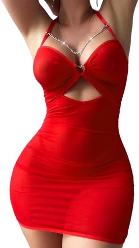 ADOME Lingerie for Women Sheer Ruched Bodycon Mesh Babydoll Halter Lingerie Sexy Chain Dress