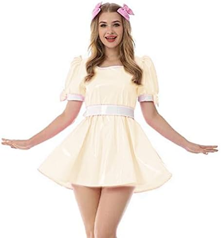 Leather PVC Dress Women Collar Vinyl Mini Dress Summer Maiden Costume Fancy Bow Oversize Female Dress,Beige,7XL