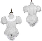 Bodysuit Shiny PVC Short Sleeve Maid Costume Vinyl Maid Dress Lockable Jumpsit Plus Size,Sliver,M