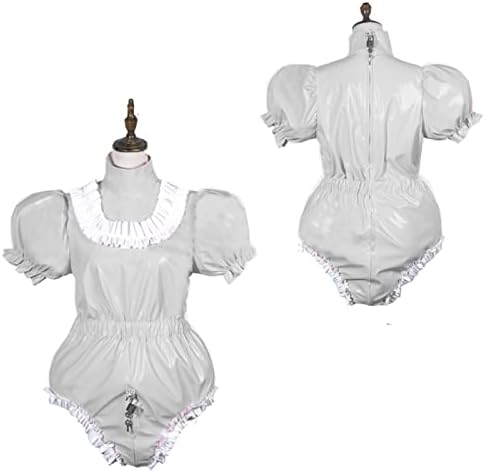 Bodysuit Shiny PVC Short Sleeve Maid Costume Vinyl Maid Dress Lockable Jumpsit Plus Size,Sliver,M