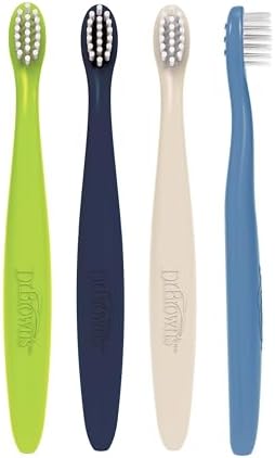 Dr. Brown's Infant-to-Toddler Toothbrush Set, Soft & Gentle Manual Toothbrushes for Baby, Green/Dark Blue/Ecru/Blue, BPA Free, 0-3 Years – 4-Pack