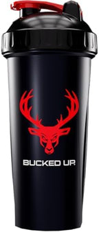 Bucked Up Perfect Shaker Bottle, 28oz, BPA-Free, Dishwasher Safe, Leak-Proof, Black Bottle with Red Buck Logo