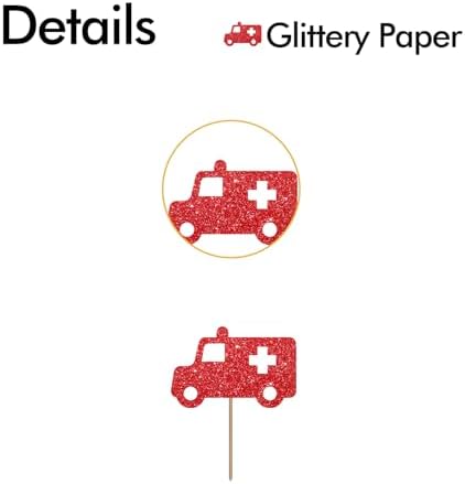 24PCS Ambulance Cupcake Toppers, Nurse Graduation Cupcake Toppers, Medical Rn Themed Dessert Picks, Nurse Birthday/Nursing Party Decoration - Red Glitter