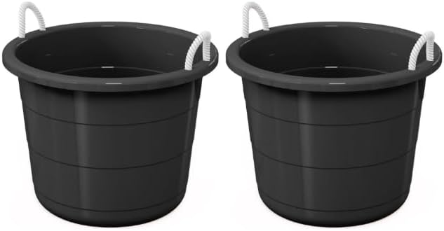 2-Pack Flexible 17-Gallon Plastic Storage Tub with Rope Handles, Multi-Purpose Utility Bucket, Black