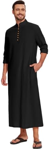 LVCBL Thobe for Men Long Sleeve Kaftan Muslim Thobe Button Down Long Gown Caftan with Pockets