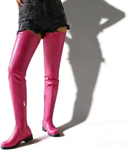Thigh High Boots for Women Over the Knee - Sexy Patent Leather Chunky Block Heel Boots, Stretchy Fitted Side Zipper for Rave Party Clubbing Festival Y2K - Black Red Pink