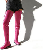 Thigh High Boots for Women Over the Knee - Sexy Patent Leather Chunky Block Heel Boots, Stretchy Fitted Side Zipper for Rave Party Clubbing Festival Y2K - Black Red Pink