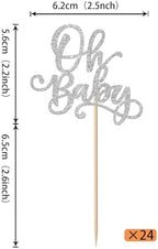 Rsstarxi 24 Pack Oh Baby Shower Cupcake Toppers Glitter Baby Shower Cupcake Picks Decorations for Boys Girls Gender Reveal Birthday Party Cake Decorations Silver