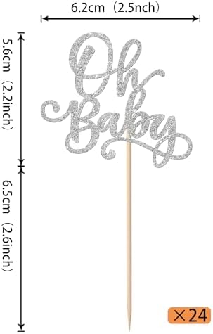 Rsstarxi 24 Pack Oh Baby Shower Cupcake Toppers Glitter Baby Shower Cupcake Picks Decorations for Boys Girls Gender Reveal Birthday Party Cake Decorations Silver