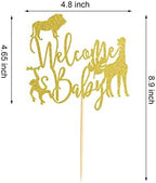 Welcome Baby Cake Topper Jungle Wild Safari Animal Baby Shower Cake Picks Party Supplies Decorations - Gold Glitter