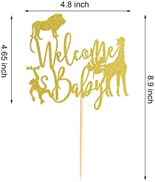 Welcome Baby Cake Topper Jungle Wild Safari Animal Baby Shower Cake Picks Party Supplies Decorations - Gold Glitter