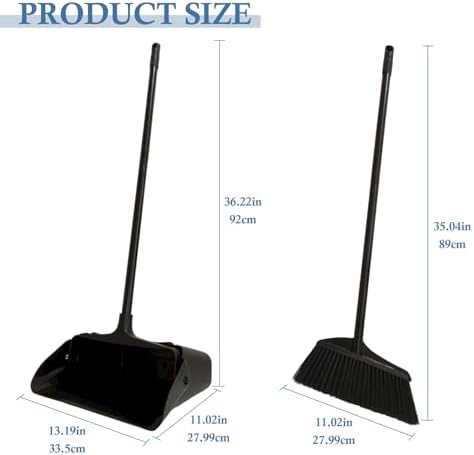 Broom and Dustpan Set with Long Handle and Wheels, Upright Standing Heavy Duty Large Dust Pan and Broom Combo for Indoor Outdoor, Kitchen, Garage, Restaurant Cleaning – Black