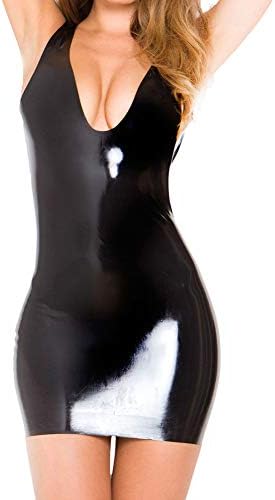EXLATEX Women's Black Latex Rubber Tight Deep V Neck Mini Dresses Club One-Piece Dress