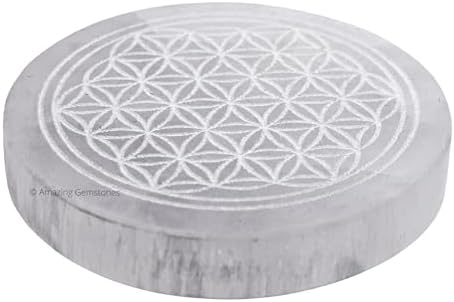 Amazing Gemstone Selenite Crystal Charging Plate For Crystals And Healing Stones, 3" Selenite Crystal Plate Engraved Flower of Life Coaster For Home, Office Table Decor (Selenite Round Disc)