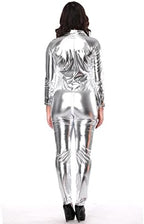 6XL Size Wome's Zipper Faux Leather Catsuit Clubwear DS Latex Women with Gloves Fancy Costume Jumpsuit,Silver,4XL