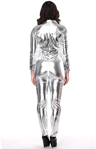6XL Size Wome's Zipper Faux Leather Catsuit Clubwear DS Latex Women with Gloves Fancy Costume Jumpsuit,Silver,4XL