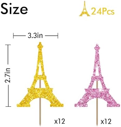 24PCS Eiffel Tower Cupcake Toppers, Wedding Party Decor, Bridal Shower Dessert Cupcake Toppers, Paris Themed Birthday Party Decoration - Pink & Gold Glitter