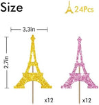 24PCS Eiffel Tower Cupcake Toppers, Wedding Party Decor, Bridal Shower Dessert Cupcake Toppers, Paris Themed Birthday Party Decoration - Pink & Gold Glitter