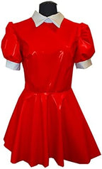 PVC Mini Dress Turtleneck PU A line Dress Faux Leather Turn-Down Collar Dress,Red,XL