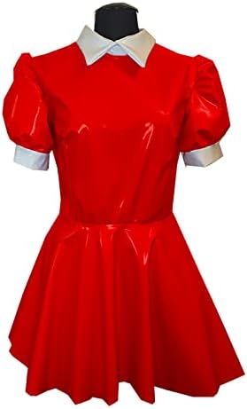 PVC Mini Dress Turtleneck PU A line Dress Faux Leather Turn-Down Collar Dress,Red,XL