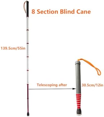 Telescopic Blind Cane with Rolling Tip - 139.5cm/55in Walking Cane Mobility Cane with Reflective Film - 8 Sections Walking Stick for The Visually Impaired and Blind