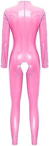 easyforever Women Sexy Hollow Out Bodysuit Lingerie Clubwear Patent Leather Invisible Zipper Latex Catsuit